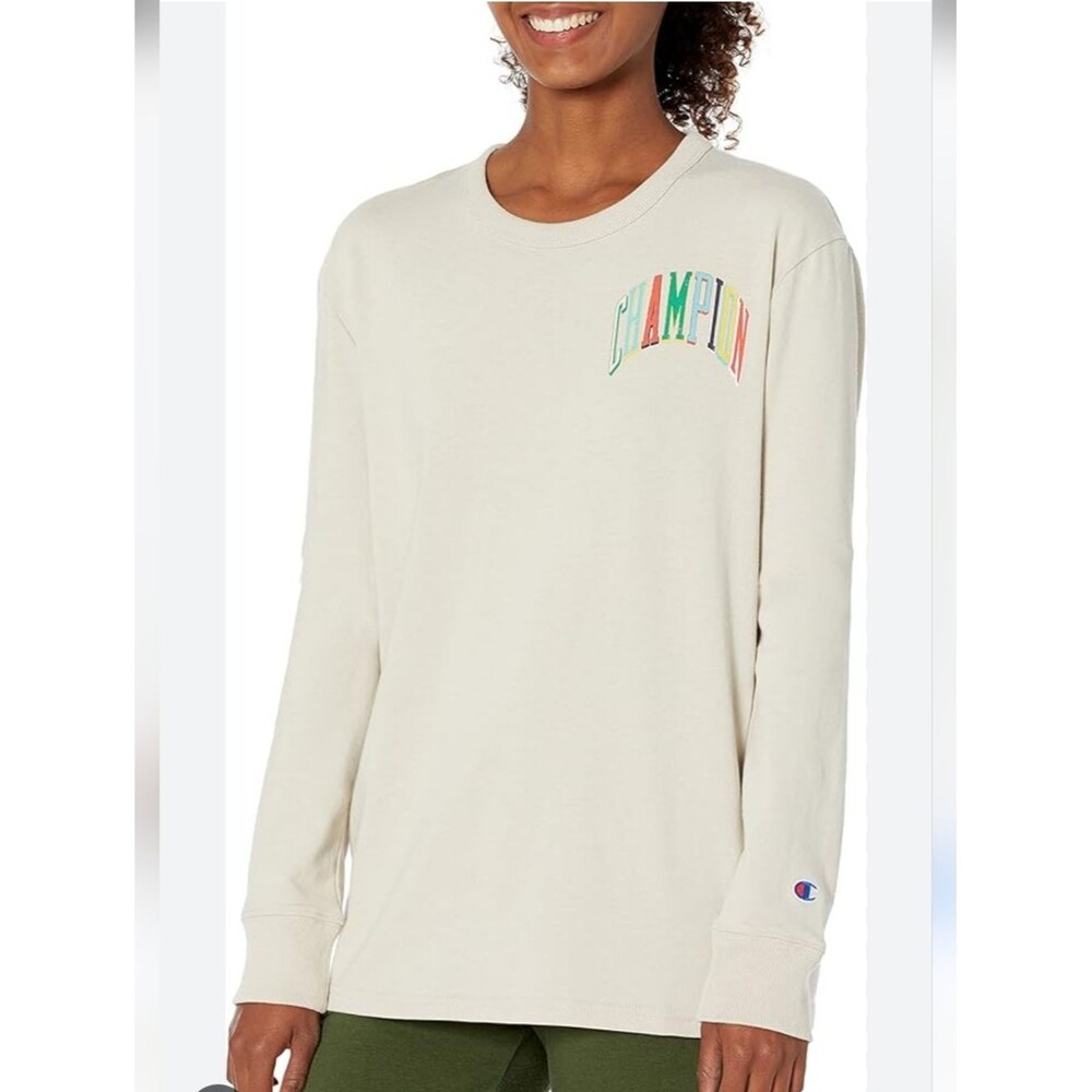 Champion Cream Long Sleeve Tee with Colorblock Logo
